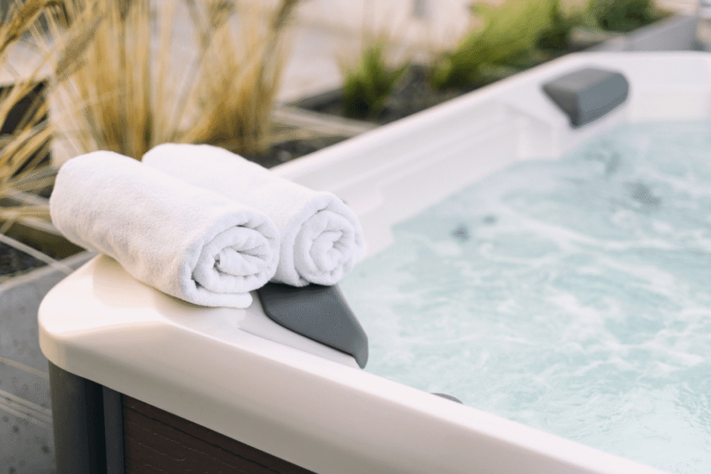 Outdoor hot tub and towels