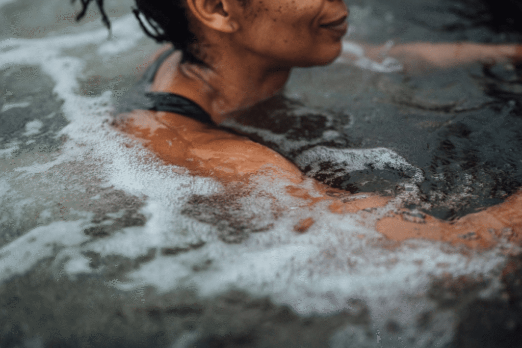 Woman in outdoor hot tub